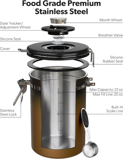 Coffee Canister with Window, Airtight Stainless Steel Container, 22OZ