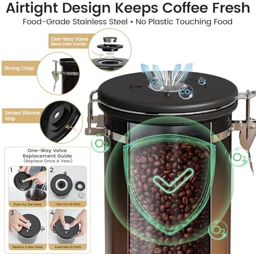 Coffee Canister with Window, Airtight Stainless Steel Container, 22OZ