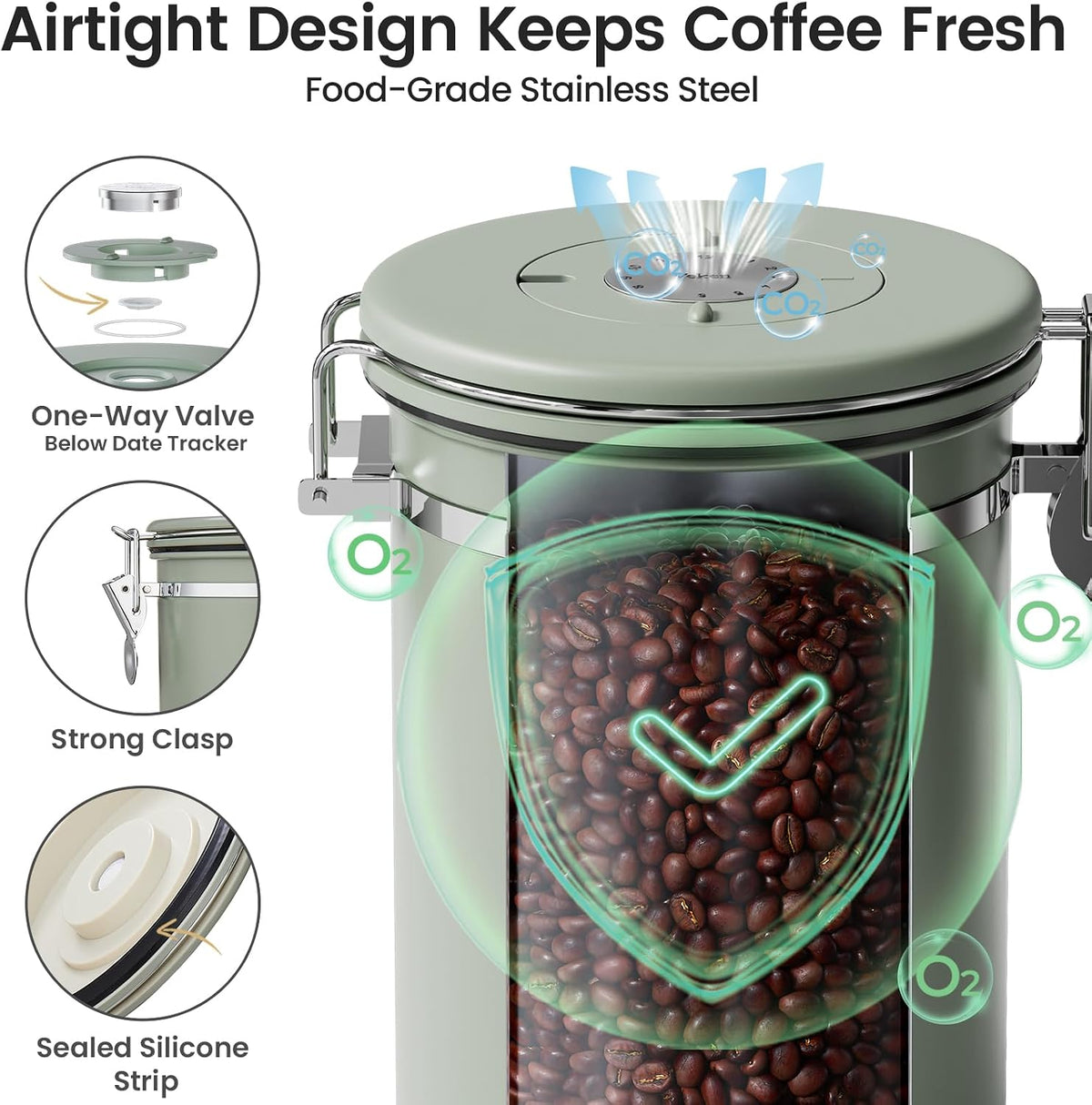Coffee Canister with Window, Airtight Stainless Steel Container, 22OZ