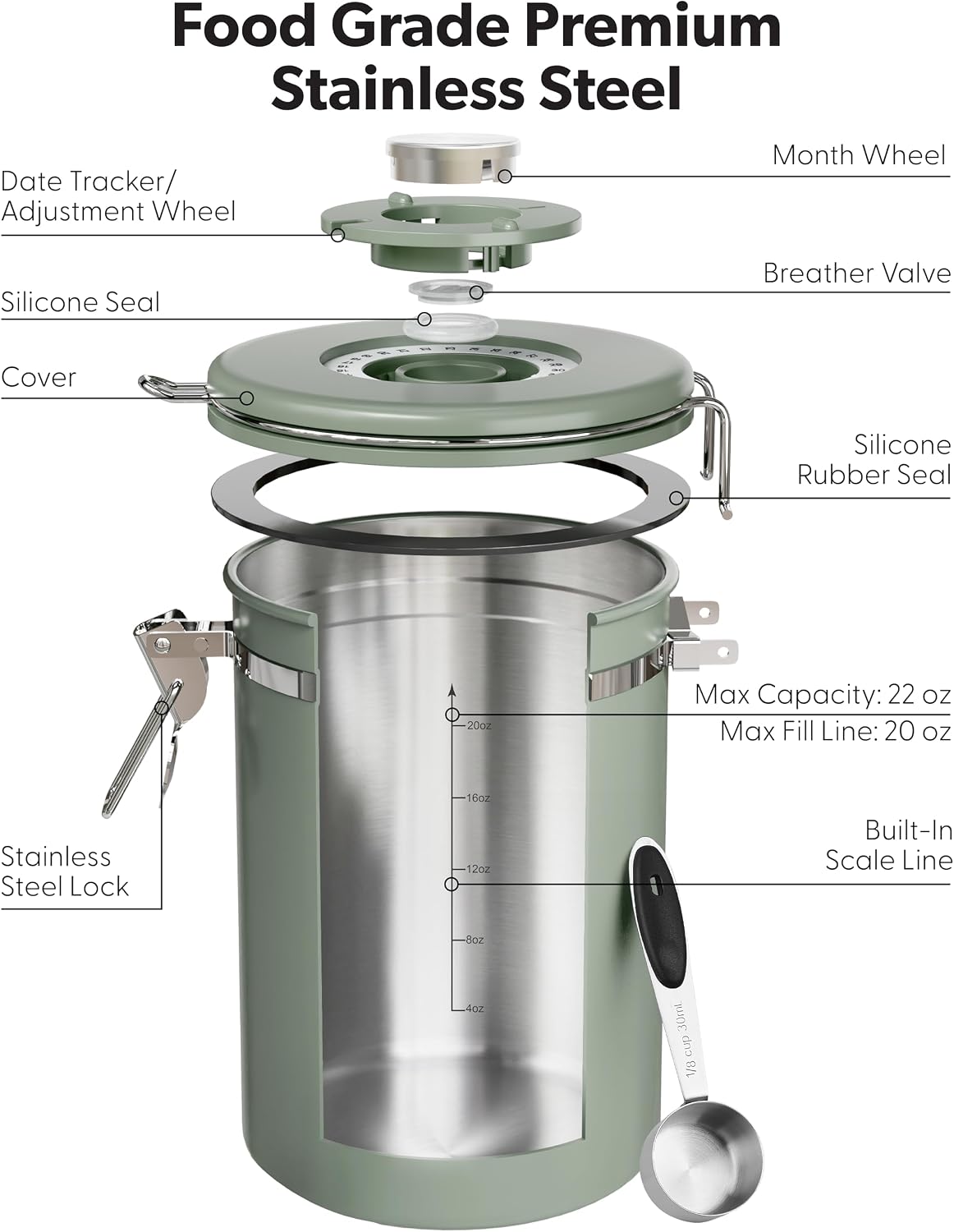 Coffee Canister with Window, Airtight Stainless Steel Container, 22OZ