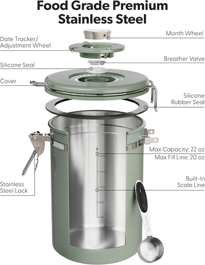Coffee Canister with Window, Airtight Stainless Steel Container, 22OZ