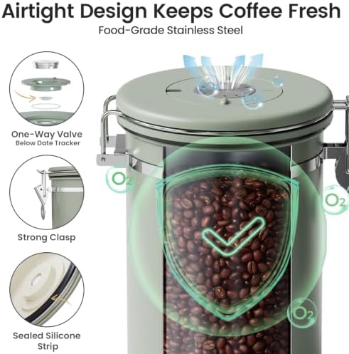 Coffee Canister with Window, Airtight Stainless Steel Container, 22OZ