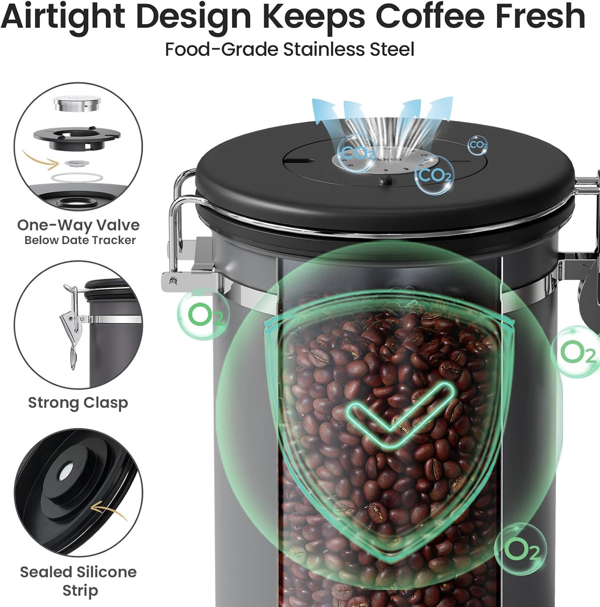 Coffee Canister with Window, Airtight Stainless Steel Container, 22OZ
