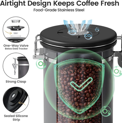 Coffee Canister with Window, Airtight Stainless Steel Container, 22OZ