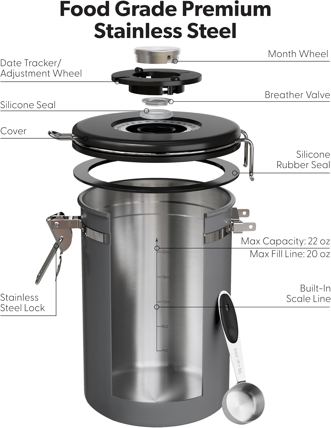 Coffee Canister with Window, Airtight Stainless Steel Container, 22OZ