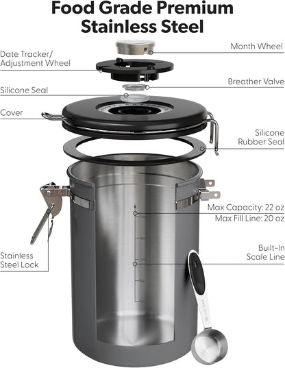 Coffee Canister with Window, Airtight Stainless Steel Container, 22OZ