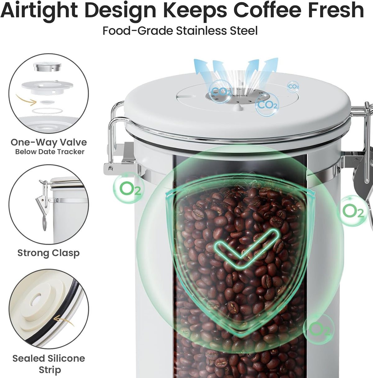 Coffee Canister with Window, Airtight Stainless Steel Container, 22OZ