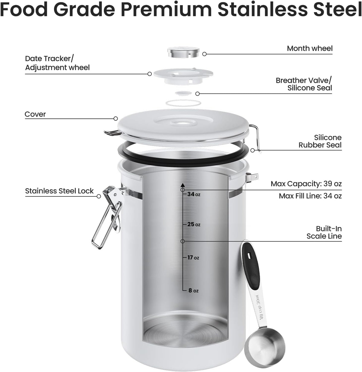 Coffee Canister with Window, Airtight Stainless Steel Container, 22OZ