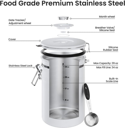 Coffee Canister with Window, Airtight Stainless Steel Container, 22OZ