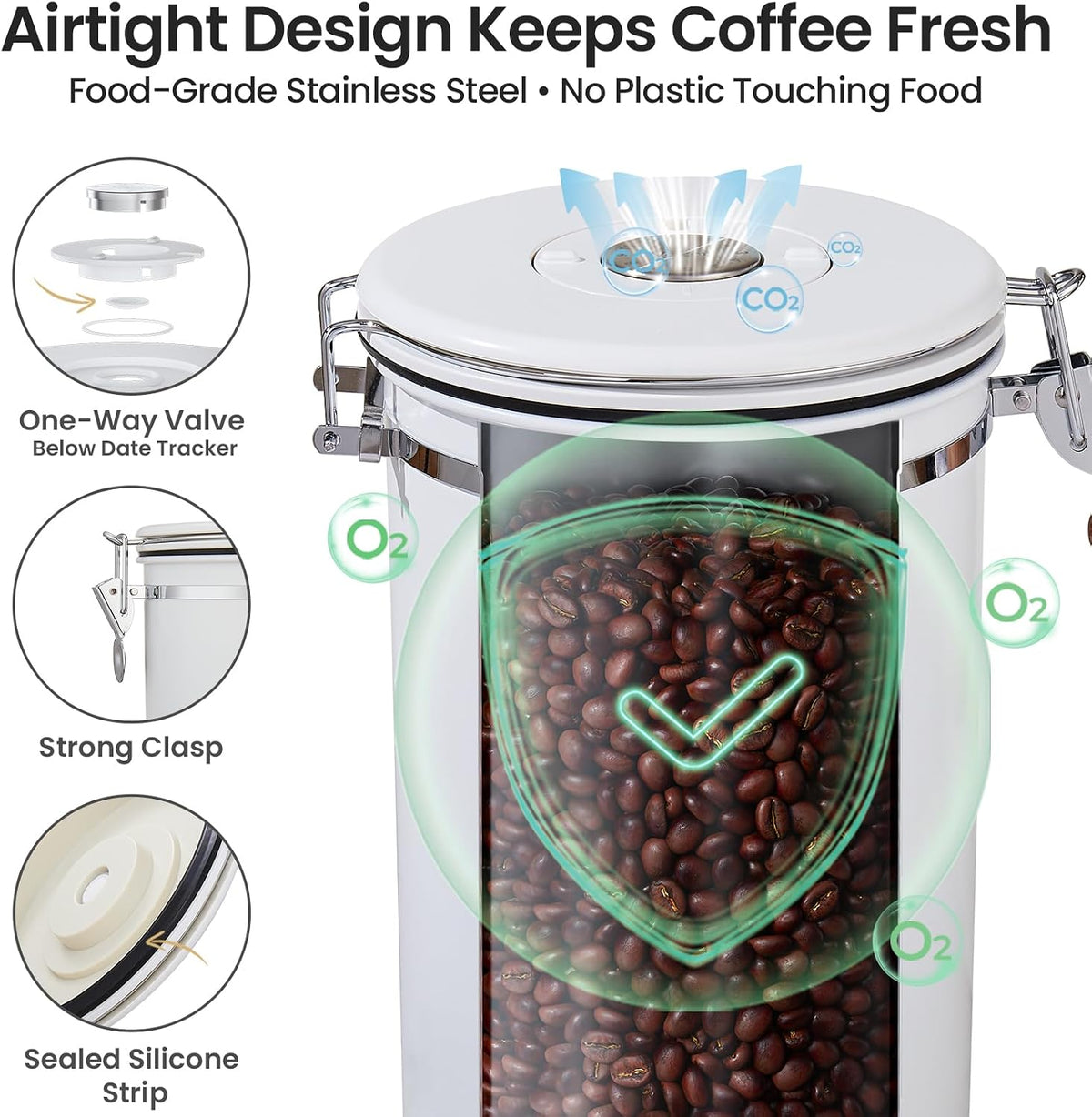 Coffee Canister with Window, Airtight Stainless Steel Container, 22OZ