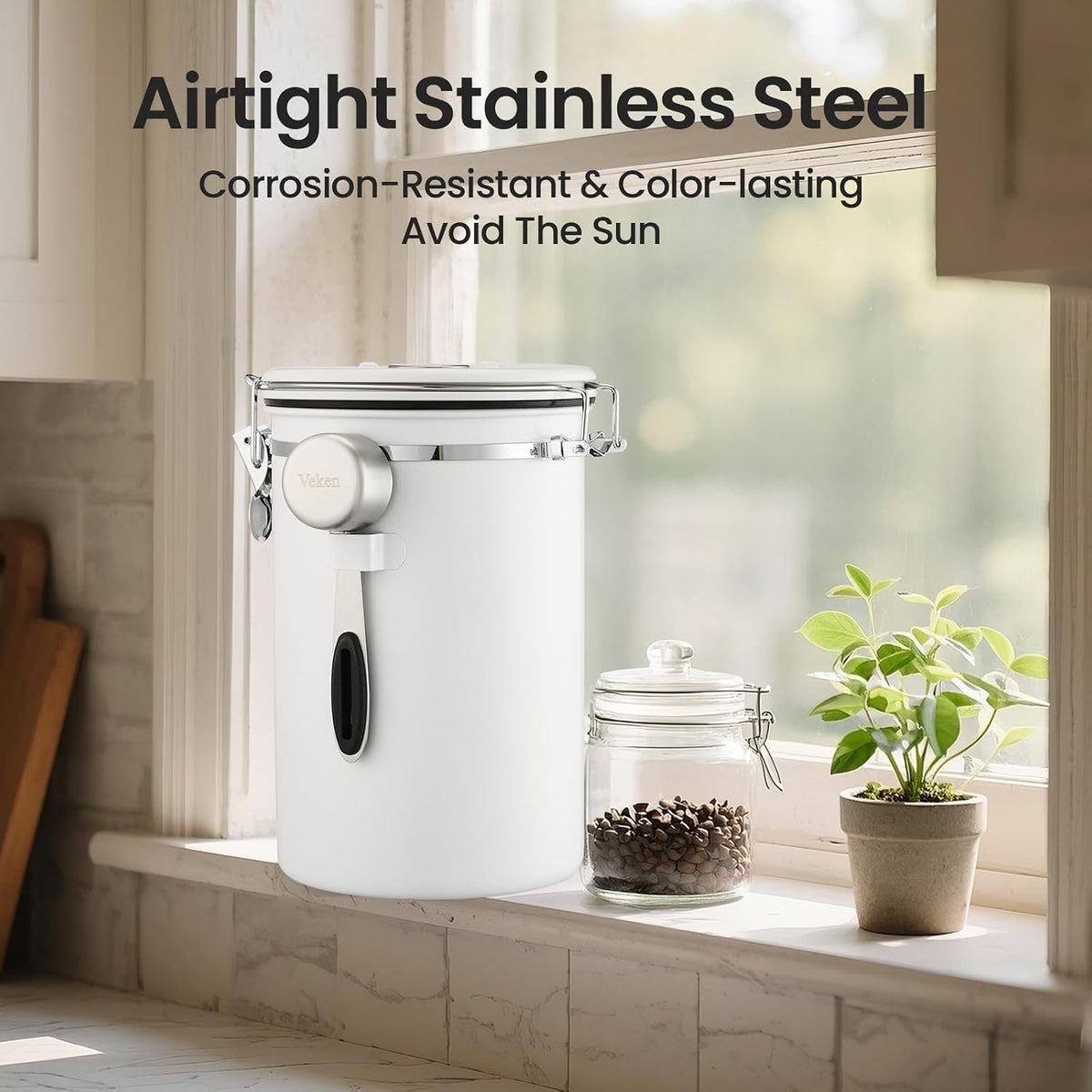 Coffee Canister with Window, Airtight Stainless Steel Container, 22OZ