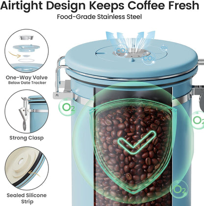 Coffee Canister with Window, Airtight Stainless Steel Container, 22OZ
