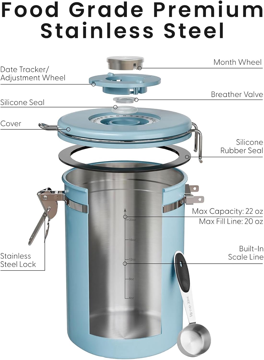 Coffee Canister with Window, Airtight Stainless Steel Container, 22OZ