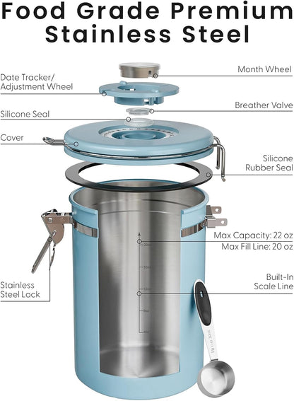 Coffee Canister with Window, Airtight Stainless Steel Container, 22OZ