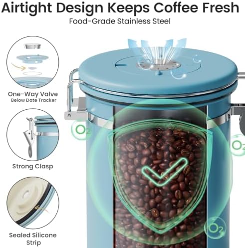 Coffee Canister with Window, Airtight Stainless Steel Container, 22OZ
