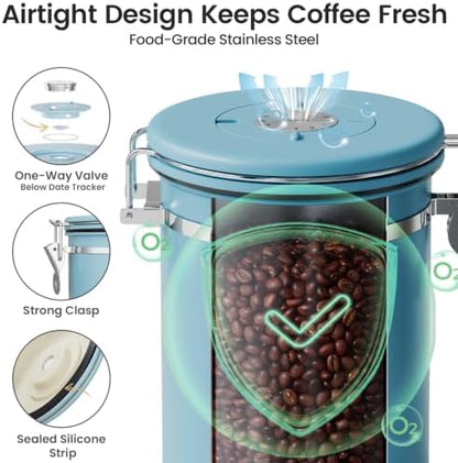 Coffee Canister with Window, Airtight Stainless Steel Container, 22OZ