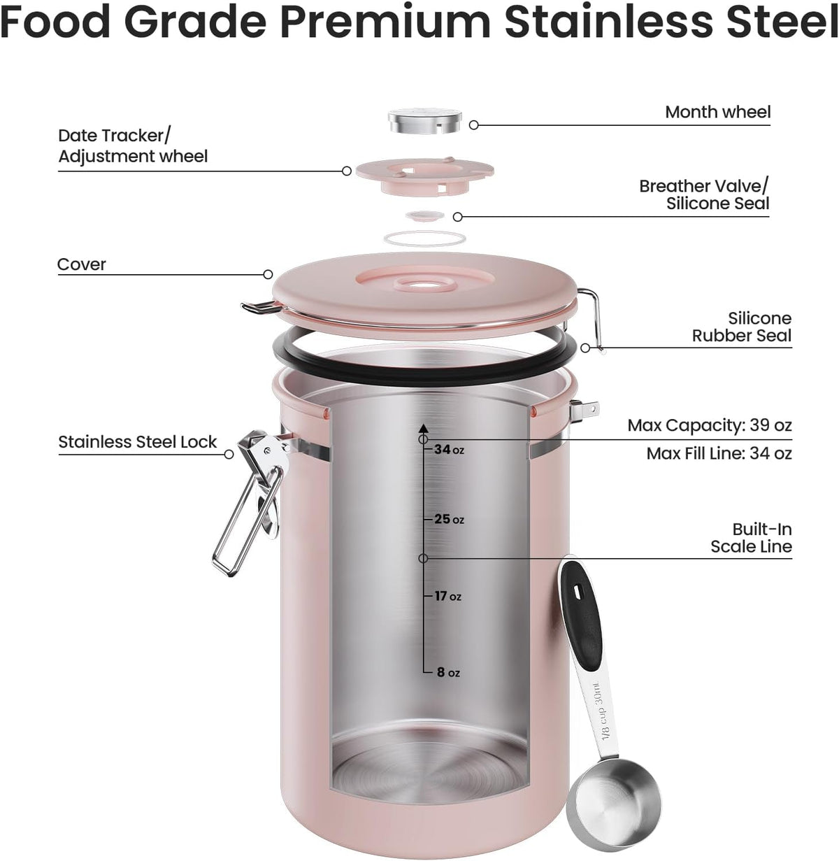 Coffee Canister with Window, Airtight Stainless Steel Container, 22OZ