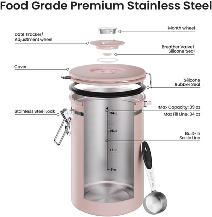 Coffee Canister with Window, Airtight Stainless Steel Container, 22OZ