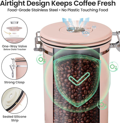 Coffee Canister with Window, Airtight Stainless Steel Container, 22OZ