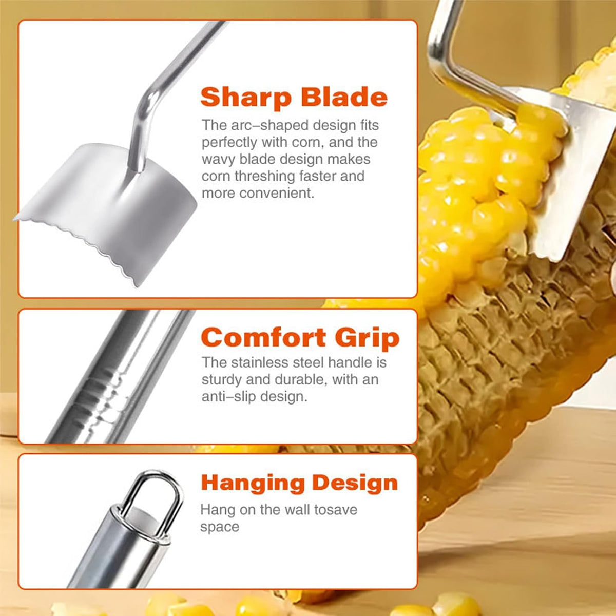 Corn Peeler For Corn On The Cob，2025 Upgrade Sawtooth Corn Cob Stripper Tool ，Ergonomic Design Ideal Tool For Long Handle Stainless Steel Corn On the Cob Stripper Tool (Silver, +1peeler)