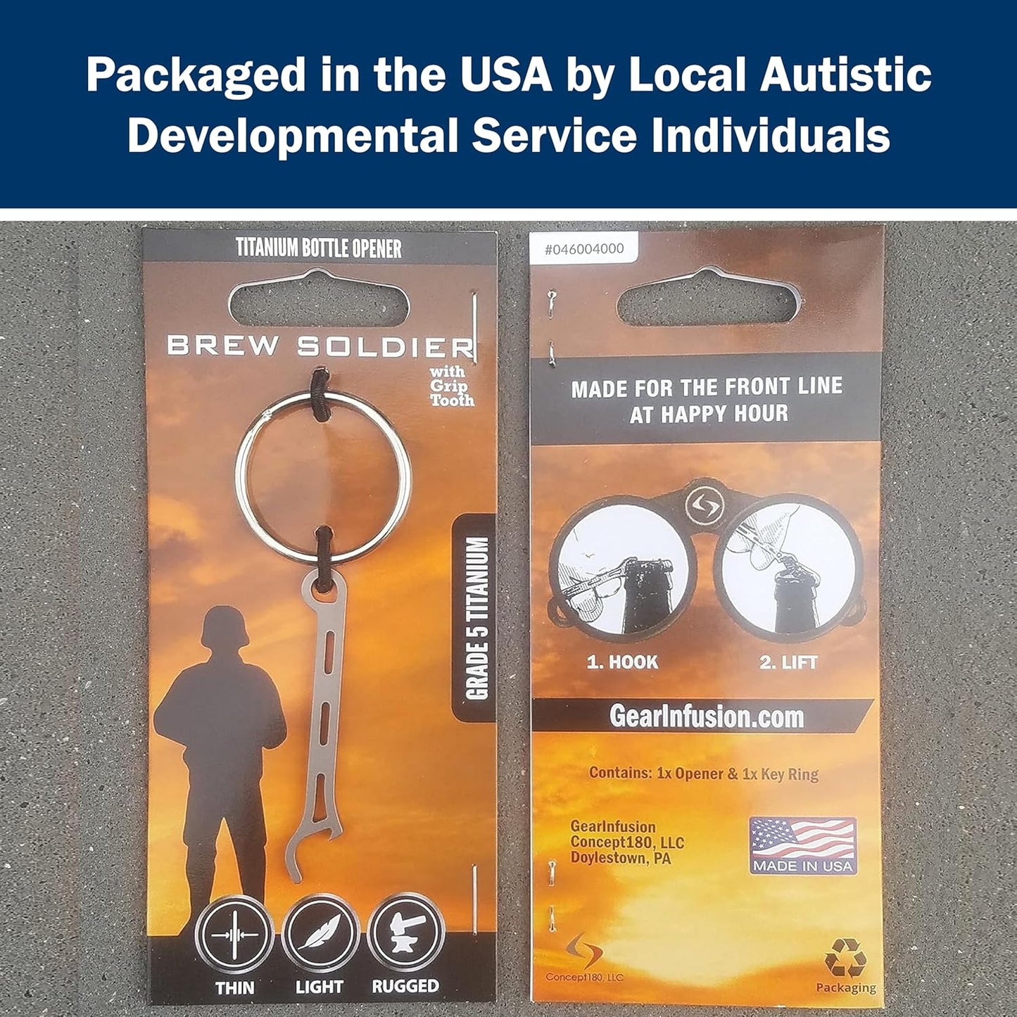 Brew Soldier Bottle Opener - Thin Titanium Bottle Opener with Key Ring - Made in the USA (Sandblasted)