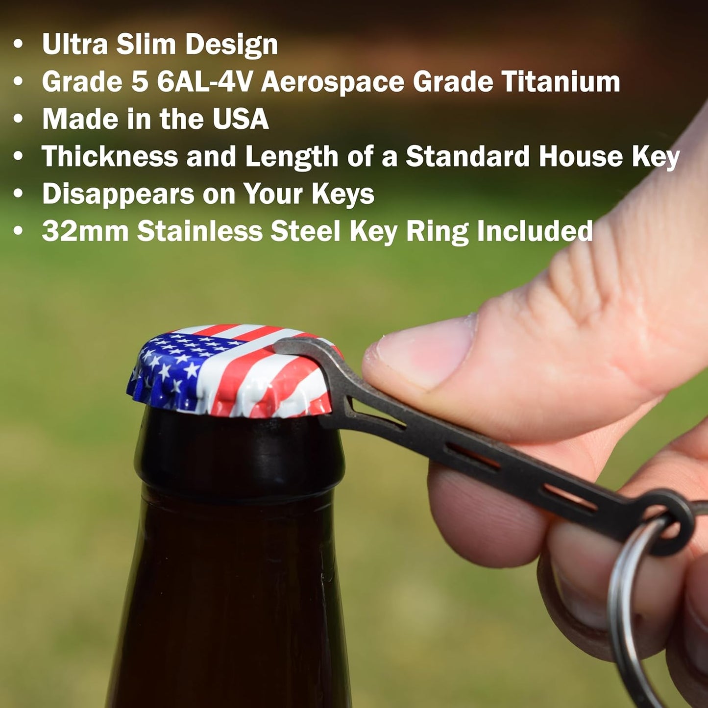 Brew Soldier Bottle Opener - Thin Titanium Bottle Opener with Key Ring - Made in the USA (Sandblasted)