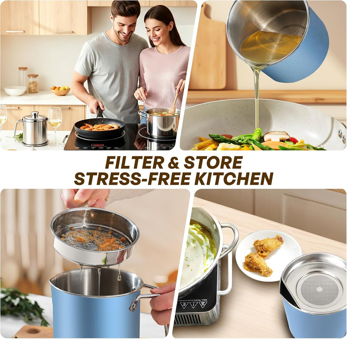Grease Container Stainless Steel 2.1 QT (2 L) Fine Mesh Strainer