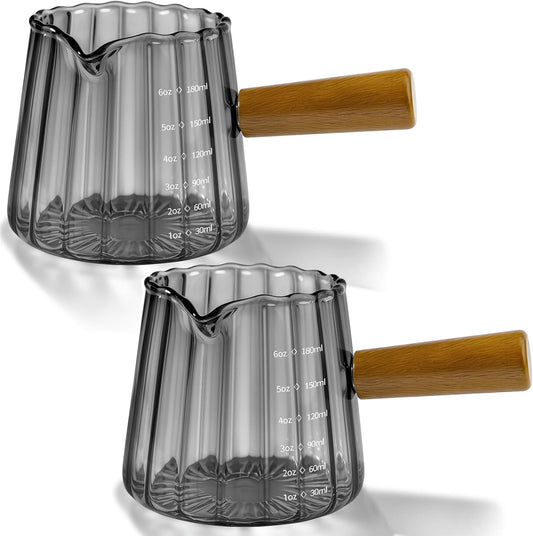 2 Pack Espresso Measuring Cup, 6oz Borosilicate Glass Espresso Cups with Wood Handle, V-Shaped Spout Milk Frothing Cup for Coffee, Tea, Syrup – Espresso Accessories
