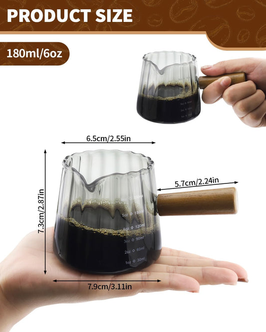 2 Pack Espresso Measuring Cup, 6oz Borosilicate Glass Espresso Cups with Wood Handle, V-Shaped Spout Milk Frothing Cup for Coffee, Tea, Syrup – Espresso Accessories