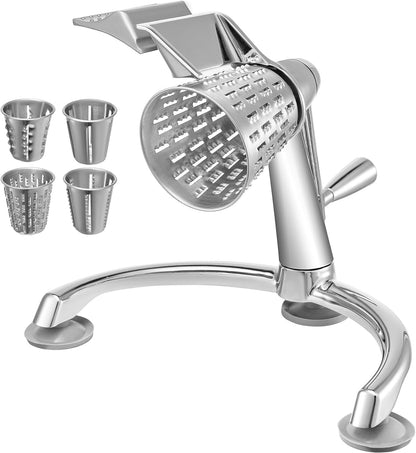 Rotary Cheese Grater, Zinc Alloy Vegetable Mandoline with 5 Stainless Steel Cutting Cones, Manual Cheese Grater with 2.5L Bowl, Rotary Shredder with Suction Base for Efficient Kitchen Prep