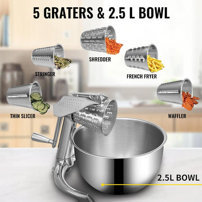 Rotary Cheese Grater, Zinc Alloy Vegetable Mandoline with 5 Stainless Steel Cutting Cones, Manual Cheese Grater with 2.5L Bowl, Rotary Shredder with Suction Base for Efficient Kitchen Prep