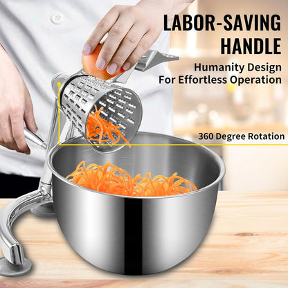 Rotary Cheese Grater, Zinc Alloy Vegetable Mandoline with 5 Stainless Steel Cutting Cones, Manual Cheese Grater with 2.5L Bowl, Rotary Shredder with Suction Base for Efficient Kitchen Prep