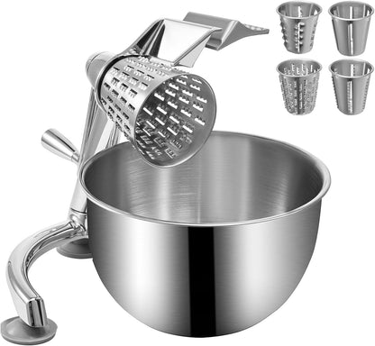 Rotary Cheese Grater, Zinc Alloy Vegetable Mandoline with 5 Stainless Steel Cutting Cones, Manual Cheese Grater with 2.5L Bowl, Rotary Shredder with Suction Base for Efficient Kitchen Prep