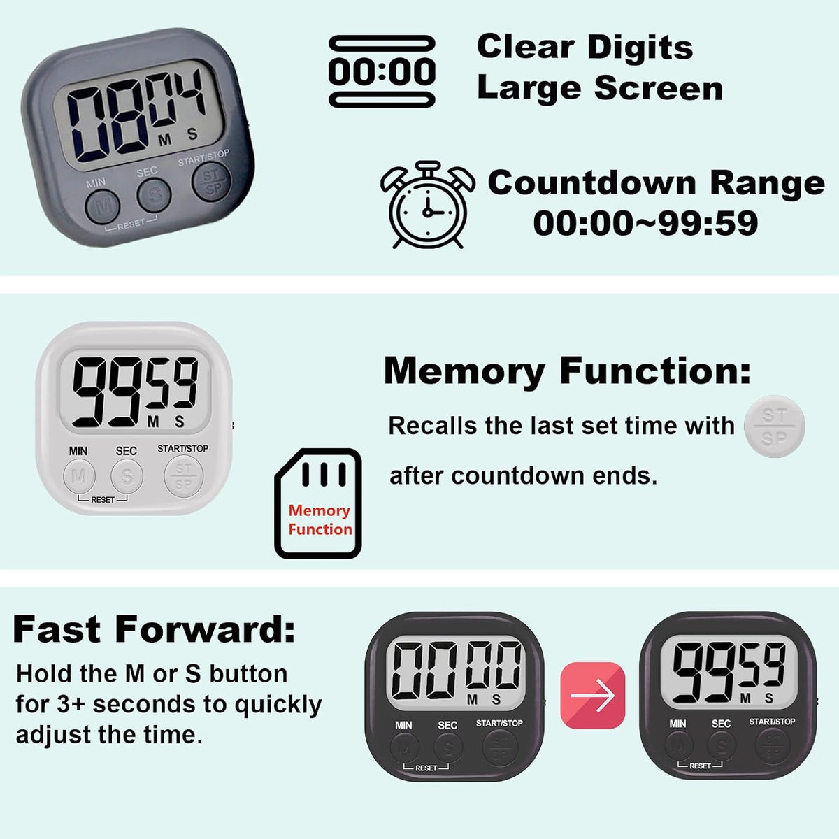 6-Pack Digital Kitchen Timer, 99-Min 59-Sec Countdown & Stopwatch, Loud 100dB Alarm, Strong Magnet, Power-Saving On/Off Switch, Time Memory, Classic Colors, Multiple Placements, Batteries Included