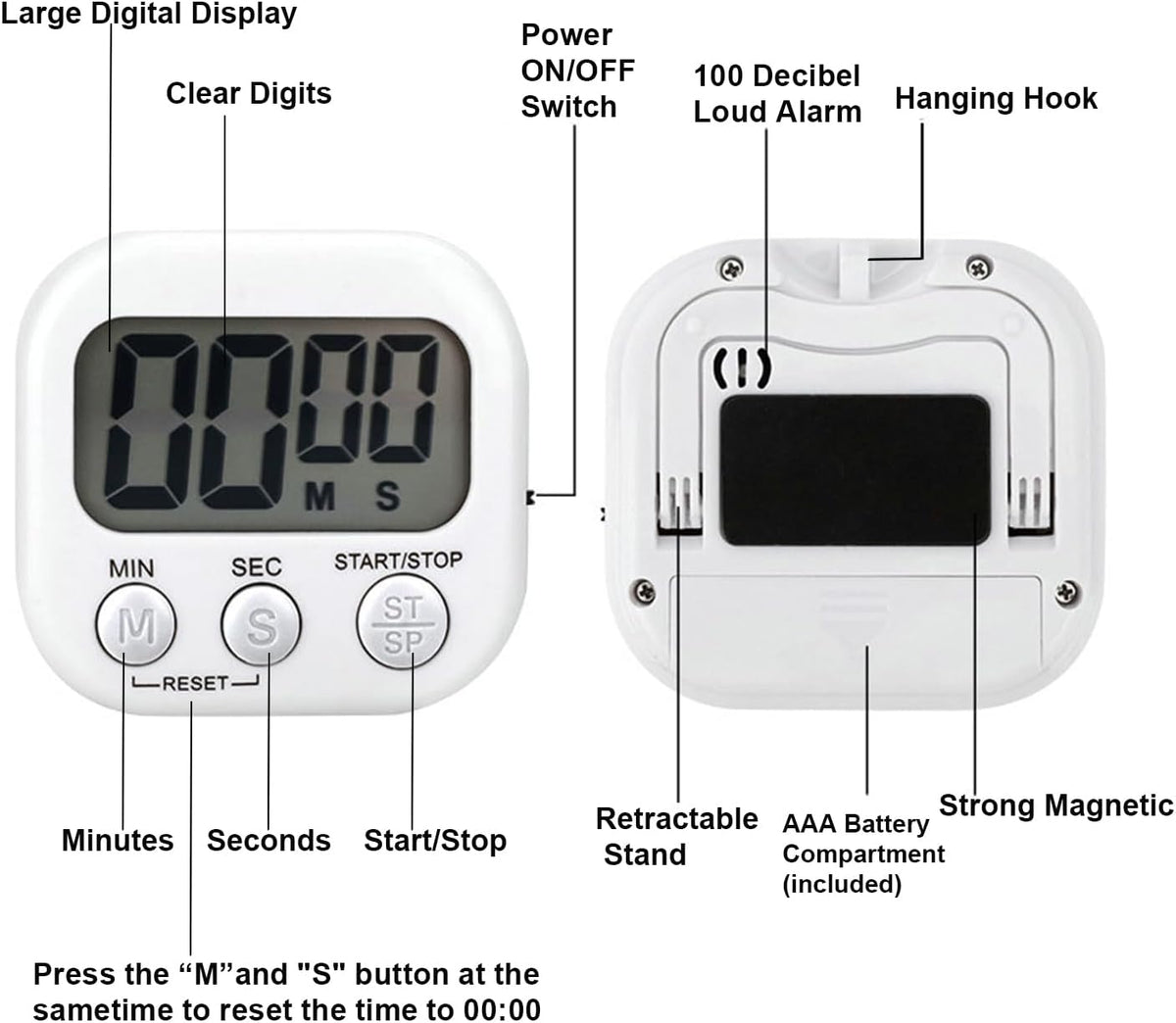 6-Pack Digital Kitchen Timer, 99-Min 59-Sec Countdown & Stopwatch, Loud 100dB Alarm, Strong Magnet, Power-Saving On/Off Switch, Time Memory, Classic Colors, Multiple Placements, Batteries Included