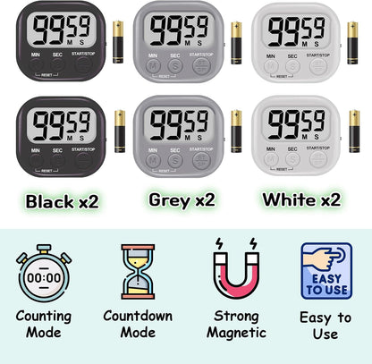 6-Pack Digital Kitchen Timer, 99-Min 59-Sec Countdown & Stopwatch, Loud 100dB Alarm, Strong Magnet, Power-Saving On/Off Switch, Time Memory, Classic Colors, Multiple Placements, Batteries Included