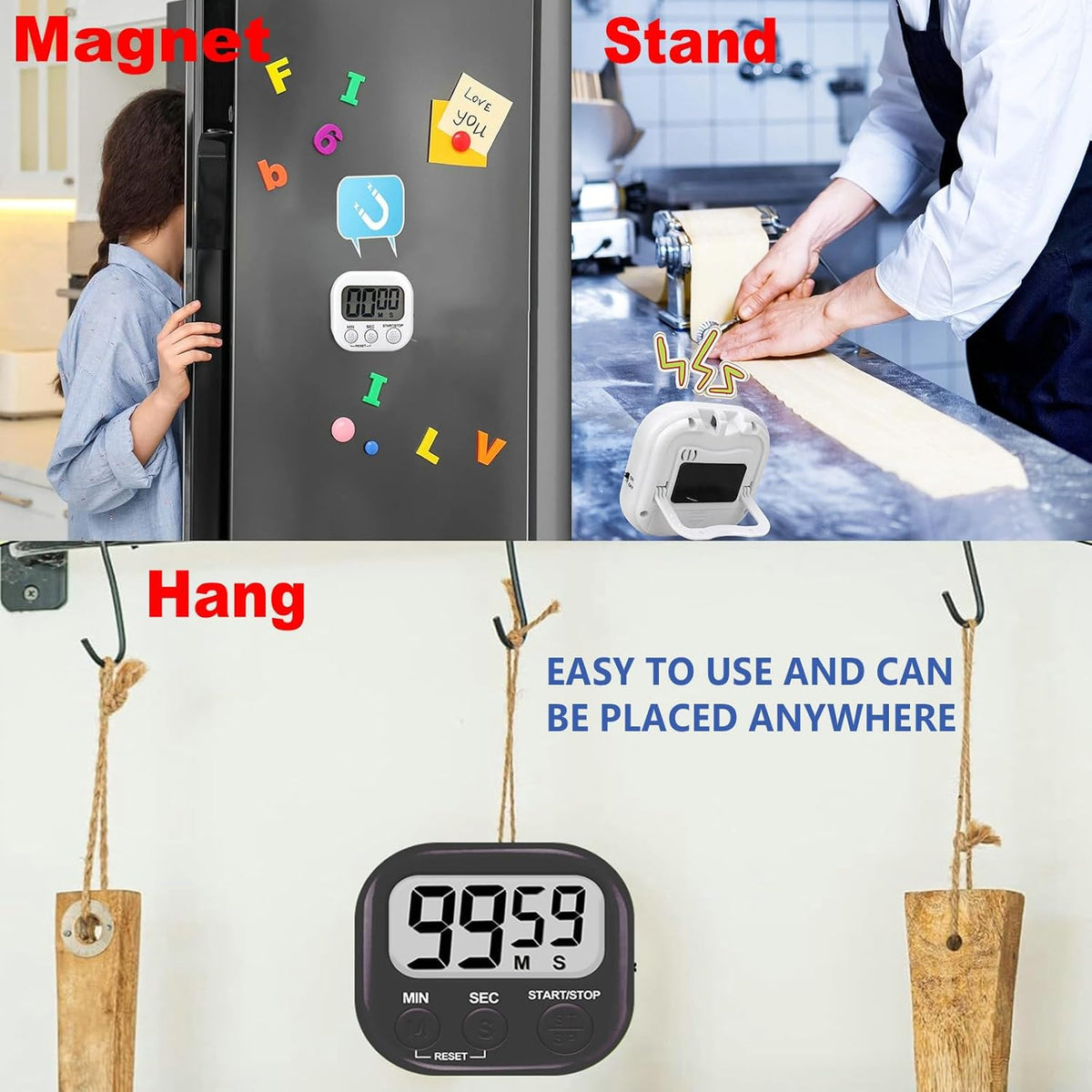 6-Pack Digital Kitchen Timer, 99-Min 59-Sec Countdown & Stopwatch, Loud 100dB Alarm, Strong Magnet, Power-Saving On/Off Switch, Time Memory, Classic Colors, Multiple Placements, Batteries Included