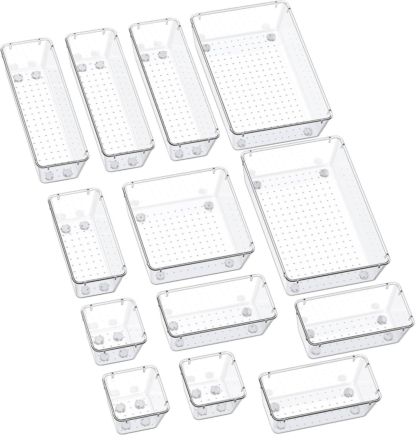 13-Piece Drawer Organizers with Non-Slip Silicone Pads, 5-Size | Clear Desk Bathroom Drawer Organizer Trays Storage Tray for Makeup, Jewelry, Utensils in Bedroom Dresser, Office and Kitchen