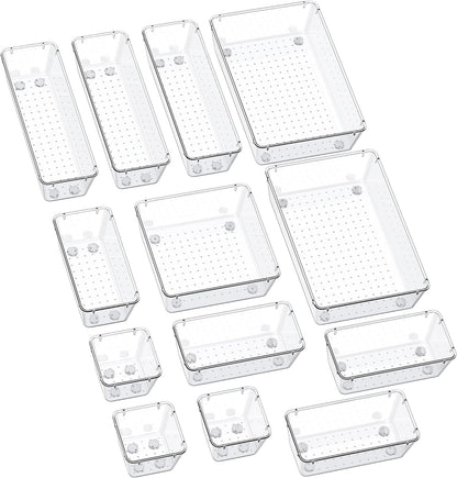 13-Piece Drawer Organizers with Non-Slip Silicone Pads, 5-Size | Clear Desk Bathroom Drawer Organizer Trays Storage Tray for Makeup, Jewelry, Utensils in Bedroom Dresser, Office and Kitchen