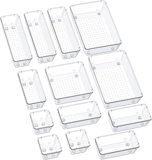 13-Piece Drawer Organizers with Non-Slip Silicone Pads, 5-Size | Clear Desk Bathroom Drawer Organizer Trays Storage Tray for Makeup, Jewelry, Utensils in Bedroom Dresser, Office and Kitchen