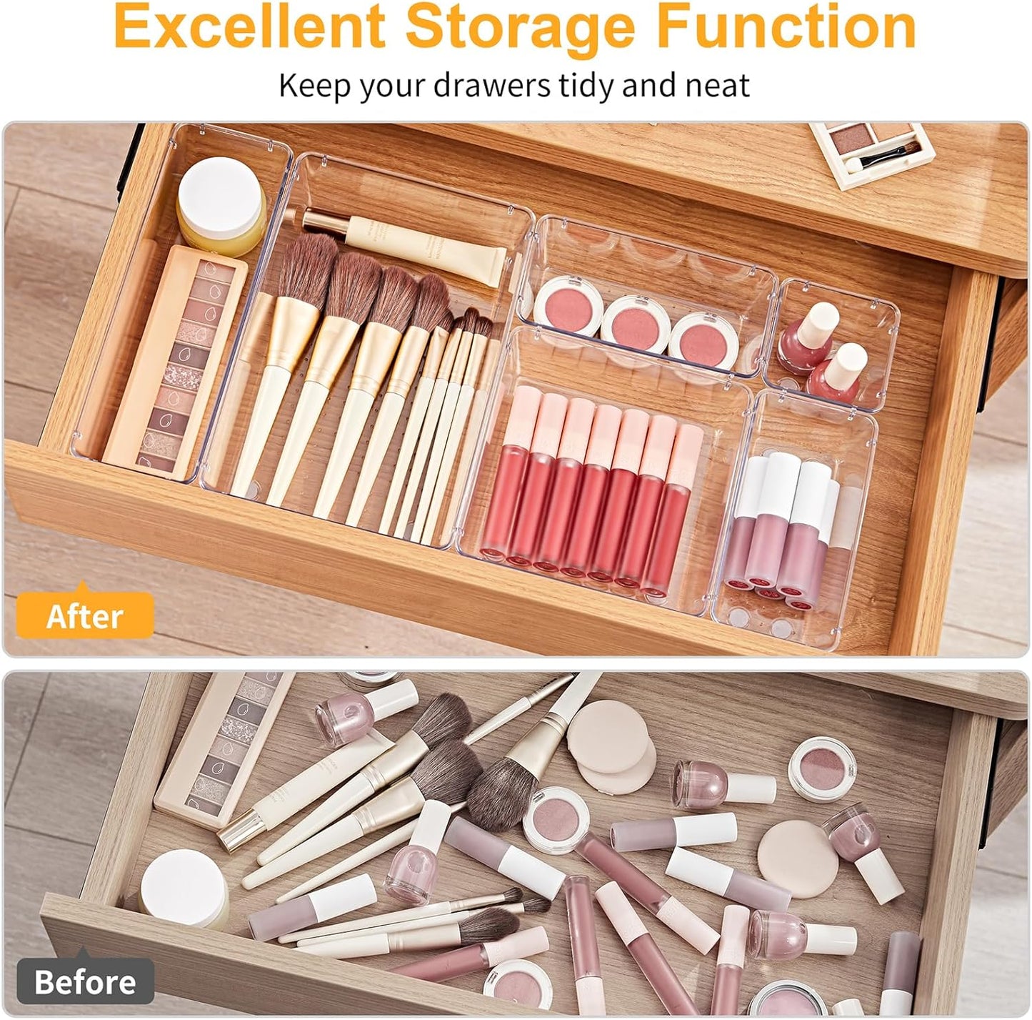 13-Piece Drawer Organizers with Non-Slip Silicone Pads, 5-Size | Clear Desk Bathroom Drawer Organizer Trays Storage Tray for Makeup, Jewelry, Utensils in Bedroom Dresser, Office and Kitchen