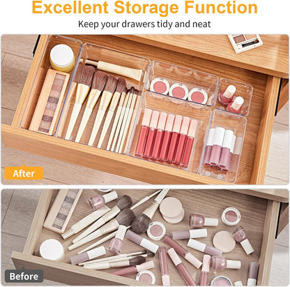 13-Piece Drawer Organizers with Non-Slip Silicone Pads, 5-Size | Clear Desk Bathroom Drawer Organizer Trays Storage Tray for Makeup, Jewelry, Utensils in Bedroom Dresser, Office and Kitchen
