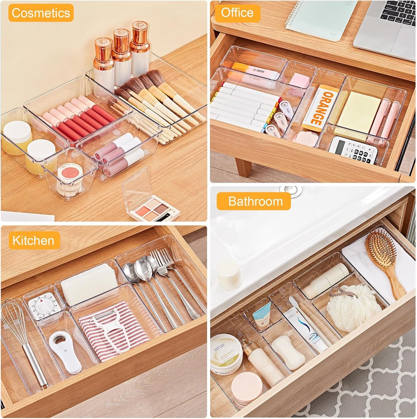 13-Piece Drawer Organizers with Non-Slip Silicone Pads, 5-Size | Clear Desk Bathroom Drawer Organizer Trays Storage Tray for Makeup, Jewelry, Utensils in Bedroom Dresser, Office and Kitchen