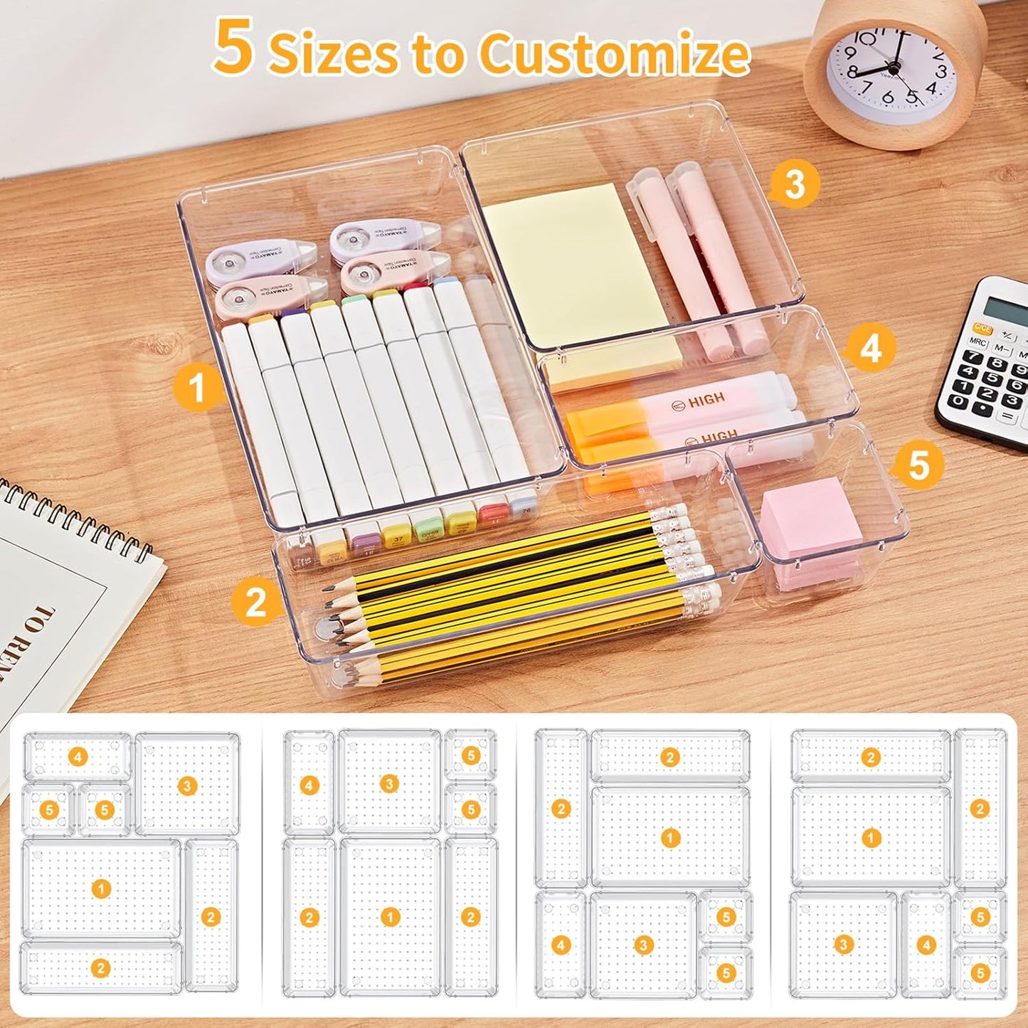 13-Piece Drawer Organizers with Non-Slip Silicone Pads, 5-Size | Clear Desk Bathroom Drawer Organizer Trays Storage Tray for Makeup, Jewelry, Utensils in Bedroom Dresser, Office and Kitchen