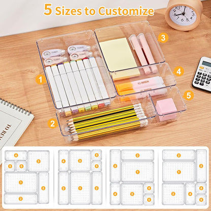 13-Piece Drawer Organizers with Non-Slip Silicone Pads, 5-Size | Clear Desk Bathroom Drawer Organizer Trays Storage Tray for Makeup, Jewelry, Utensils in Bedroom Dresser, Office and Kitchen