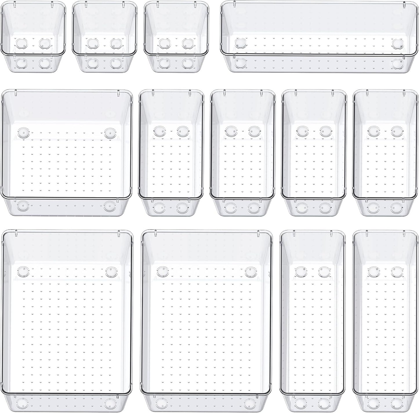 13-Piece Drawer Organizers with Non-Slip Silicone Pads, 5-Size | Clear Desk Bathroom Drawer Organizer Trays Storage Tray for Makeup, Jewelry, Utensils in Bedroom Dresser, Office and Kitchen