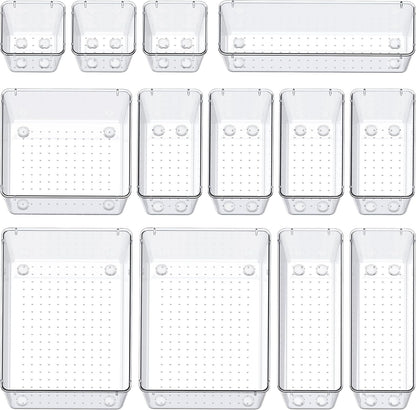 13-Piece Drawer Organizers with Non-Slip Silicone Pads, 5-Size | Clear Desk Bathroom Drawer Organizer Trays Storage Tray for Makeup, Jewelry, Utensils in Bedroom Dresser, Office and Kitchen