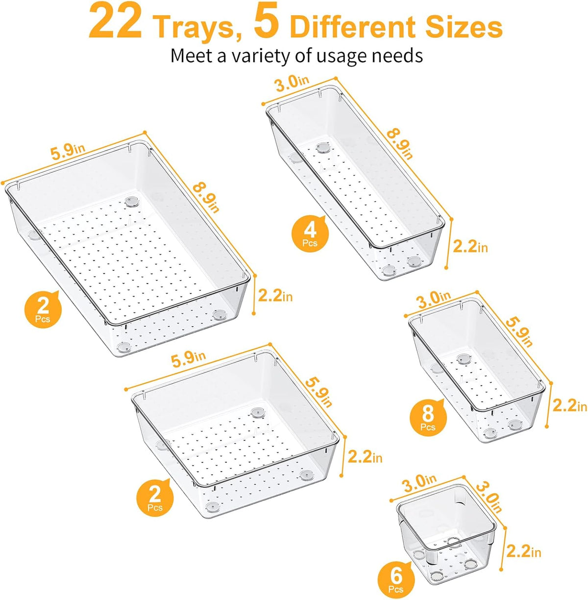 13-Piece Drawer Organizers with Non-Slip Silicone Pads, 5-Size | Clear Desk Bathroom Drawer Organizer Trays Storage Tray for Makeup, Jewelry, Utensils in Bedroom Dresser, Office and Kitchen