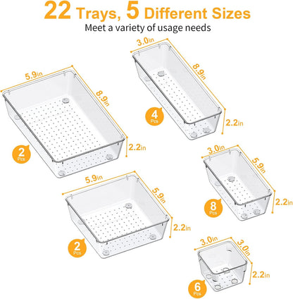 13-Piece Drawer Organizers with Non-Slip Silicone Pads, 5-Size | Clear Desk Bathroom Drawer Organizer Trays Storage Tray for Makeup, Jewelry, Utensils in Bedroom Dresser, Office and Kitchen