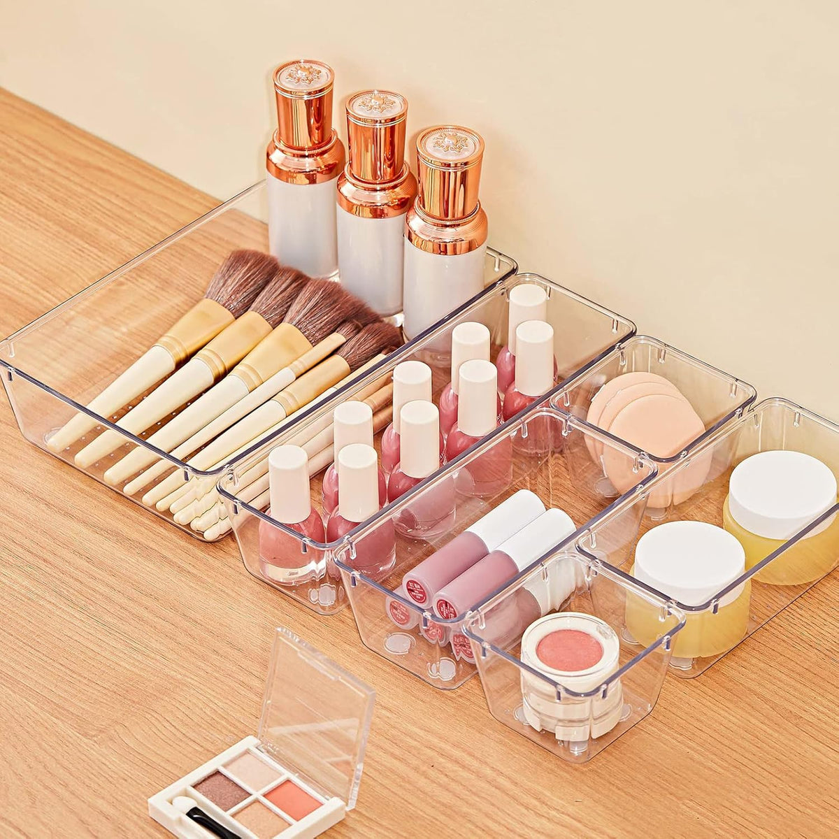 13-Piece Drawer Organizers with Non-Slip Silicone Pads, 5-Size | Clear Desk Bathroom Drawer Organizer Trays Storage Tray for Makeup, Jewelry, Utensils in Bedroom Dresser, Office and Kitchen